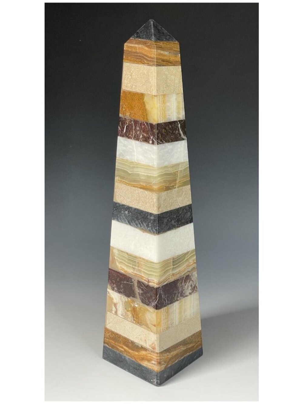 LARGE 13-3/8" Vintage 20th C. Mix Stacked Carved Stone Obelisk Alabaster Marble